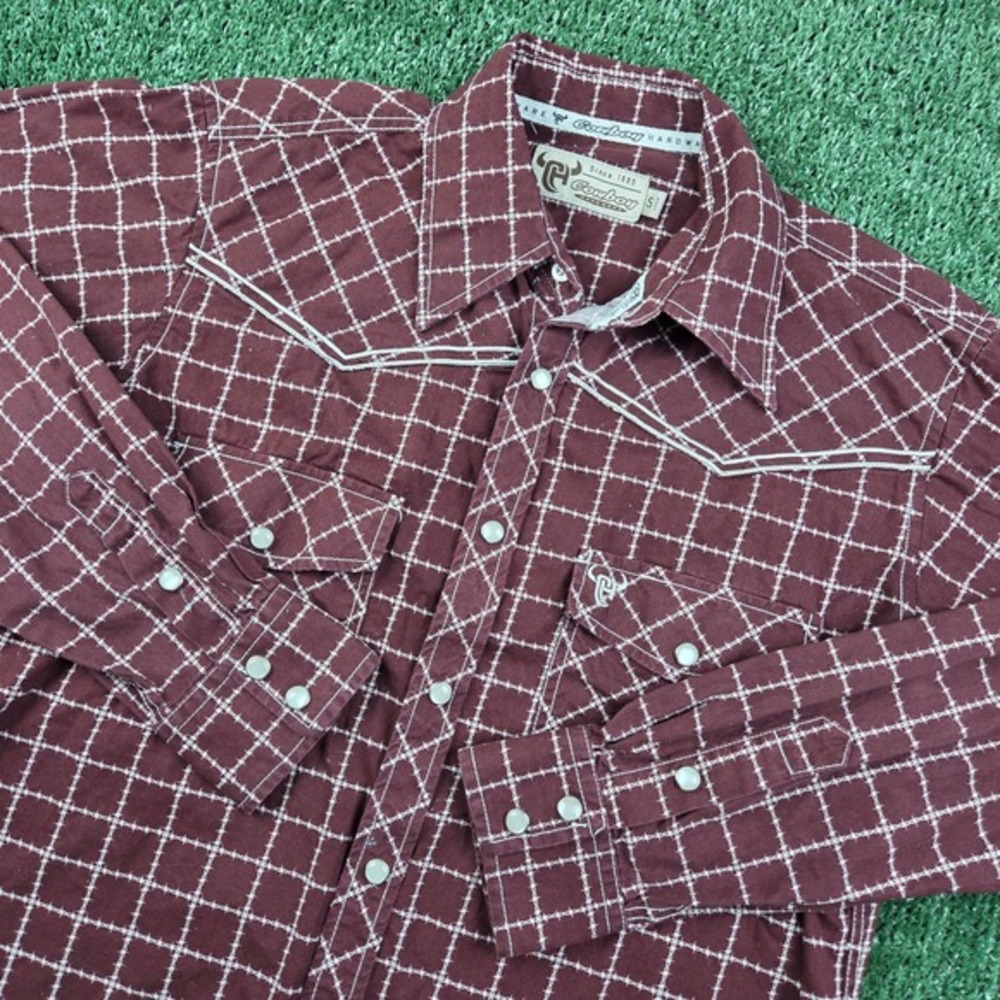 Cowboy‎ Hardware Mens Maroon Barbed Wire Grid Western Pearl Snap Shirt Small